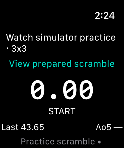 CubeTime Watch simulator showing a practice 3×3 session, timer, and prepared scramble control.