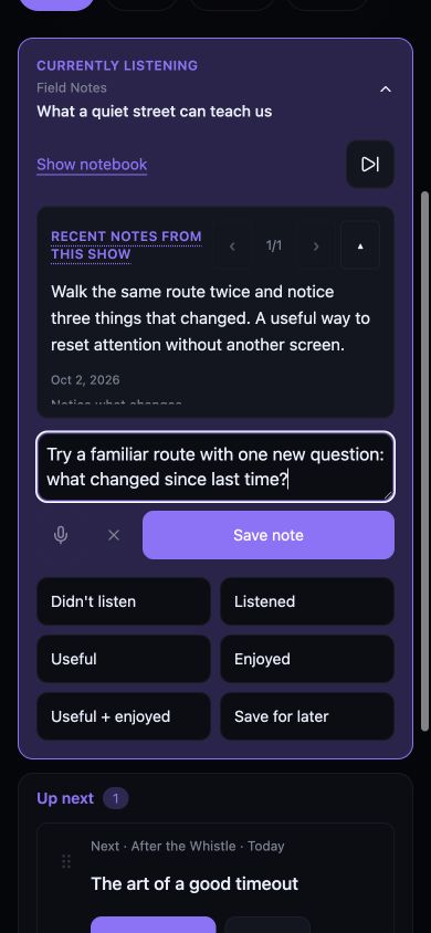 PodStop sample library with a currently listening episode, a previous note, and an editable quick-note draft.